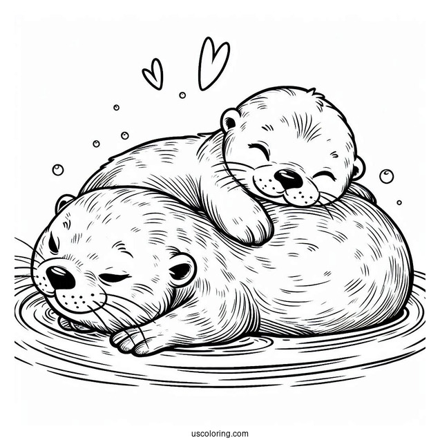 Baby Otter Coloring Page Sleeping On Top Of Mother Otter While Floating