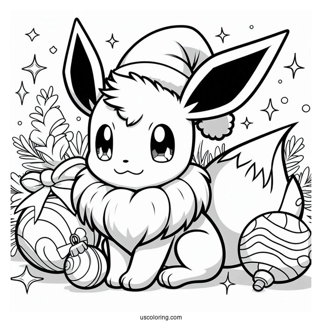 Pokemon Christmas Coloring Page Cute Eevee With Baubles In The Background Pokemon Christmas