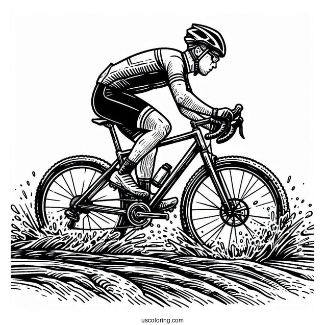Bicycle Coloring Page Of Professional Cyclist Riding Through Mud