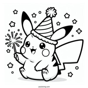 Pikachu With A Party Hat And Sparklers On The New Year Coloring Page For Preschoolers