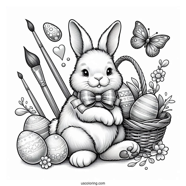 Realistic Easter Bunny Coloring Page With Bow, Paintbrush, And Eggs