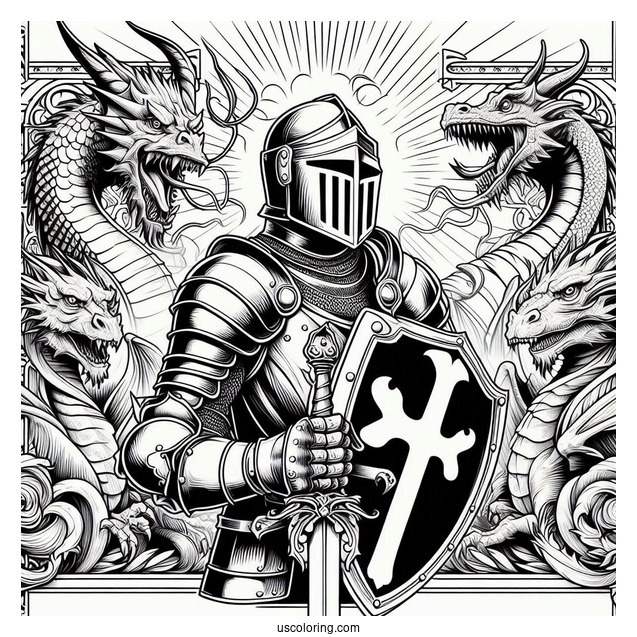 Crusader Knight With Dragons In Background