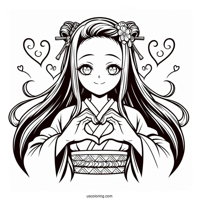 Nezuko Coloring Page Kamado Forming Heart With Her Hands