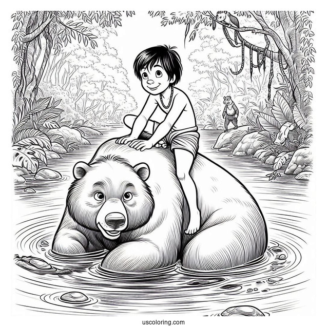 Jungle Book Coloring Page Of Mowgli Sitting On Top of Baloo While Floating In Water