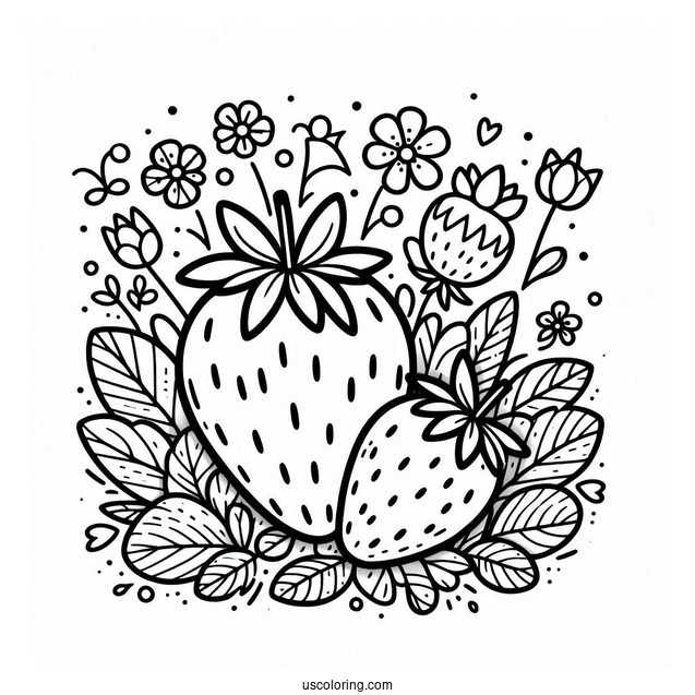 Strawberry Coloring Page In A Garden For Kids