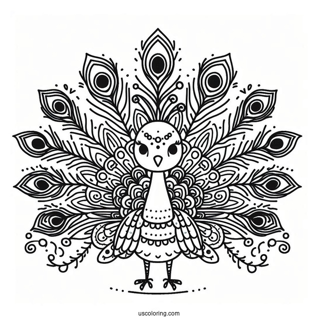 Cute Peacock Coloring Page with Fanned Feathers For Kids
