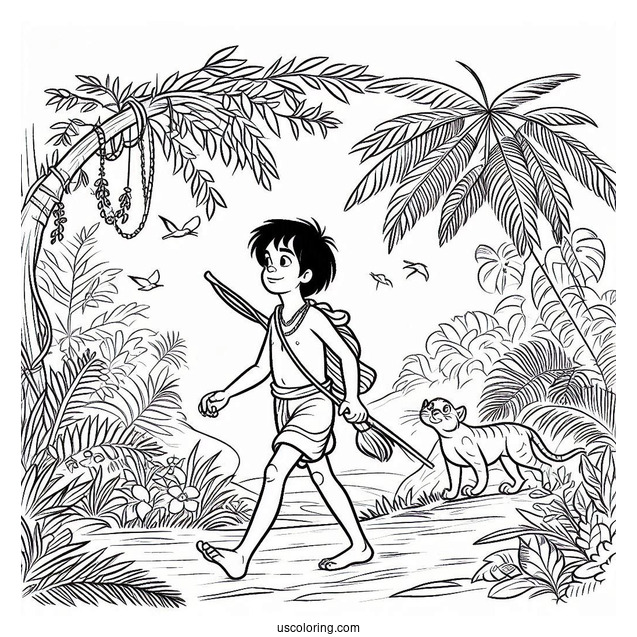 Jungle Book Coloring Page Of Young Mowgli Walking With Hathi Jr For Preschoolers