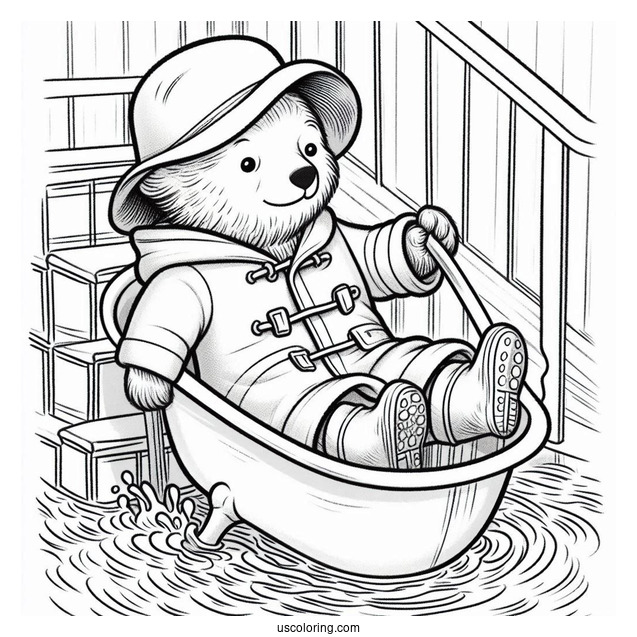 Paddington Coloring Page Riding Bathtub Down A Flooded Stairs