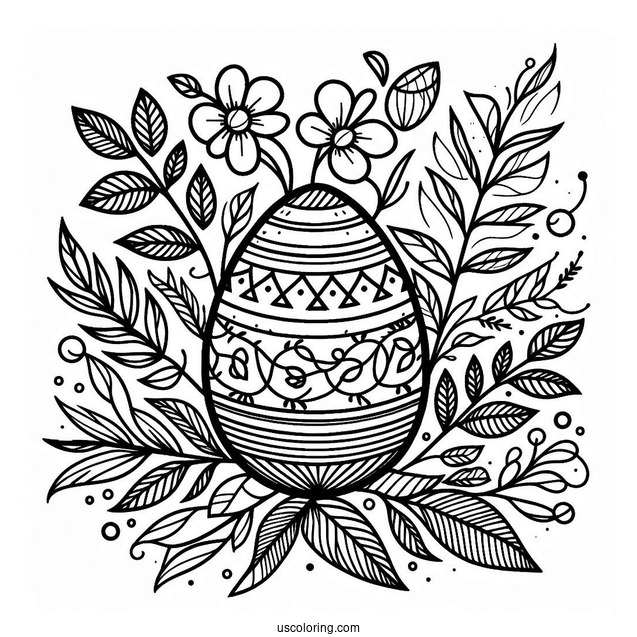 Easter Egg Coloring Page With Leafy Vines and Petals For Adults