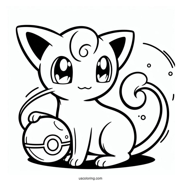 Easy Mew Coloring Page Holding Pokeball For Kids