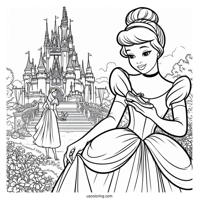 Princess Coloring Page Of Cinderella Outside Of Castle Holding Glass Slipper