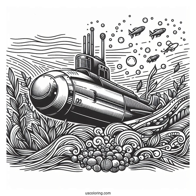 Submarine Coloring Page Of Realistic Submersible Under The Ocean