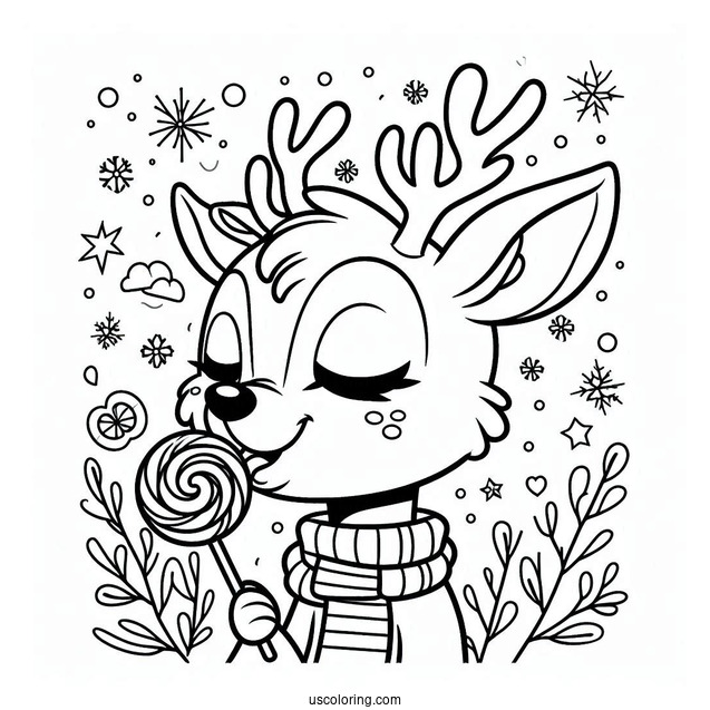Rudolph Coloring Page Eating A Lollipop For Kids