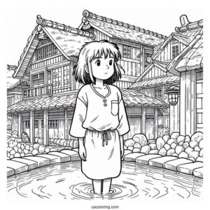 Studio Ghibli Coloring Page of Chihiro Standing In Front Of Bath House