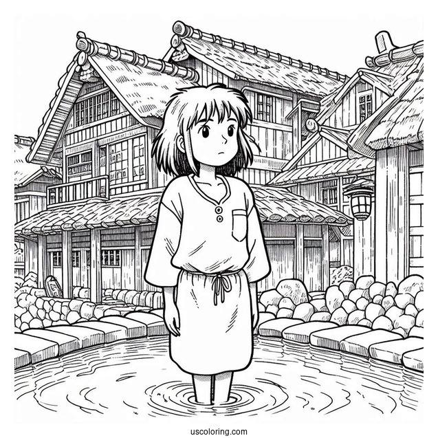 Studio Ghibli Coloring Page of Chihiro Standing In Front Of Bath House