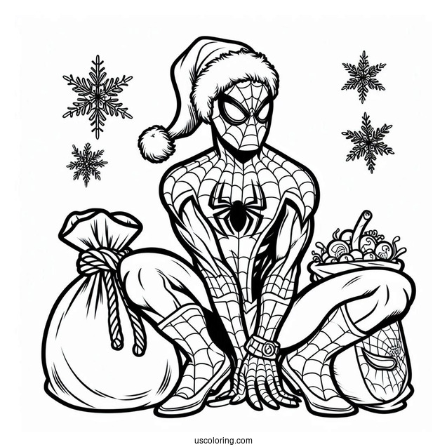 Christmas Spider-Man With Santa Sack To Color