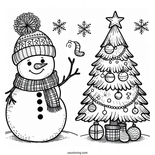 Snowman And Christmas Tree To Color