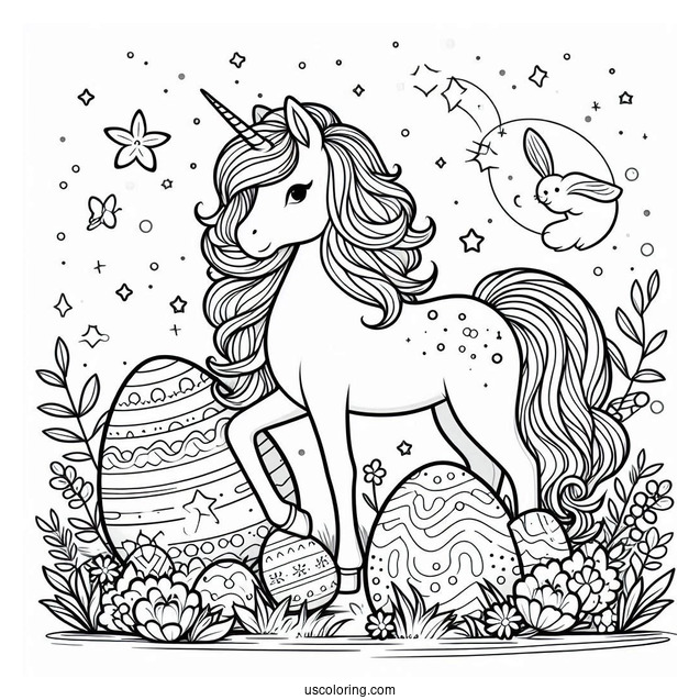 Unicorn Standing on Easter Egg Coloring Page With Stars and Bunnies v2