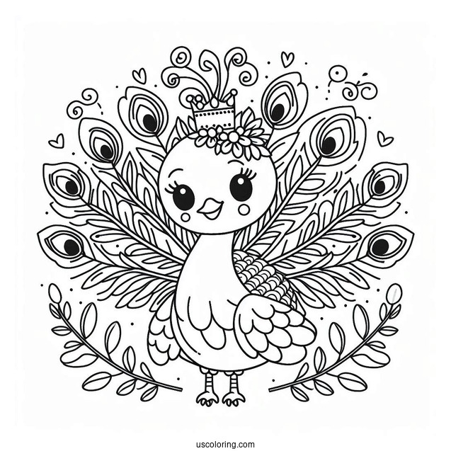Smiling Cartoon Peacock Coloring Page with Floral Crown and Fanned Feathers For Kids