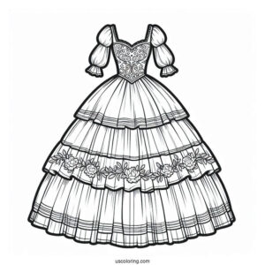 Long Dress Coloring Page With Puff Sleeves And Layered Skirt Coloring Page