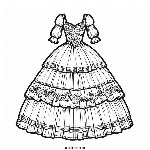 Long Dress Coloring Page With Puff Sleeves And Layered Skirt Coloring Page