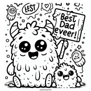 Father's Day Coloring Page Of Kawaii Monster With Best Dad Ever Sign For Kids