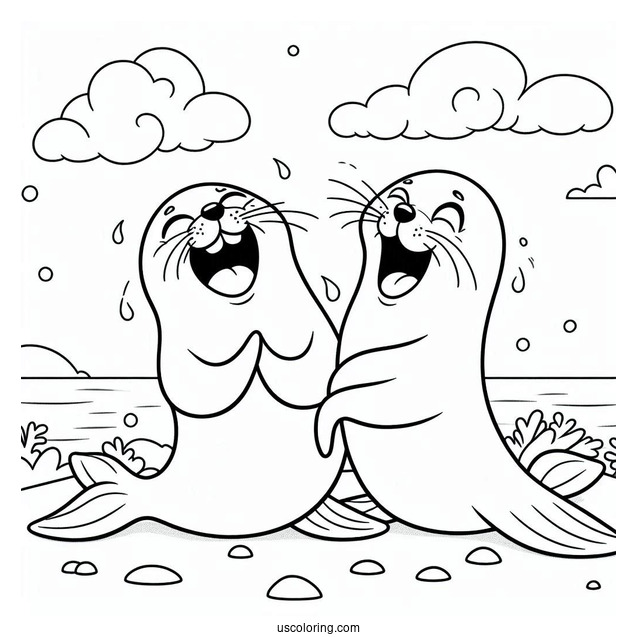 Two Seal Coloring Page Laughing On Land