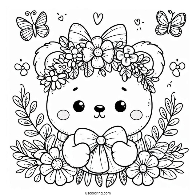Easy Cartoon Bear With Flower Crown And Bow Spring Coloring Page