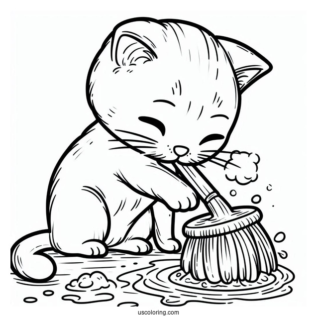 Coloring Page Of Cat Cleaning Itself