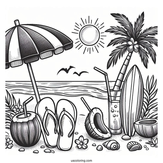 Beach Flip Flops, Umbrella, Surfboard, Seashell, Palm Tree, Coconut Drink, Bucket, And Sun