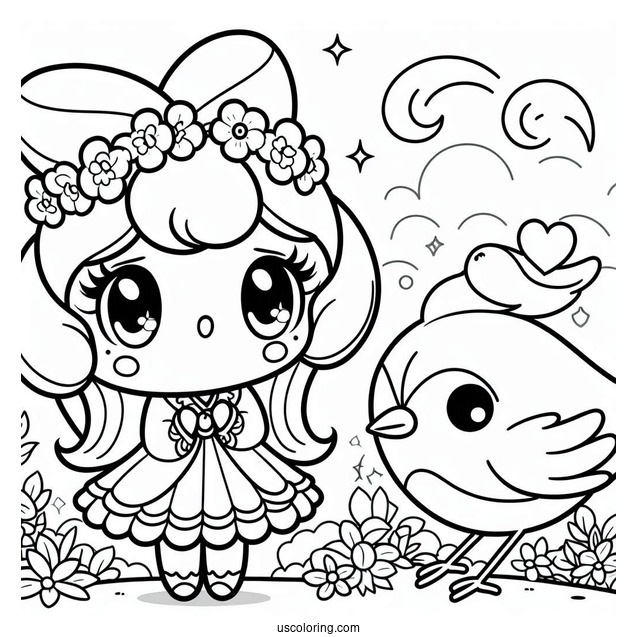 Kawaii My Melody Coloring Page Watching Bird
