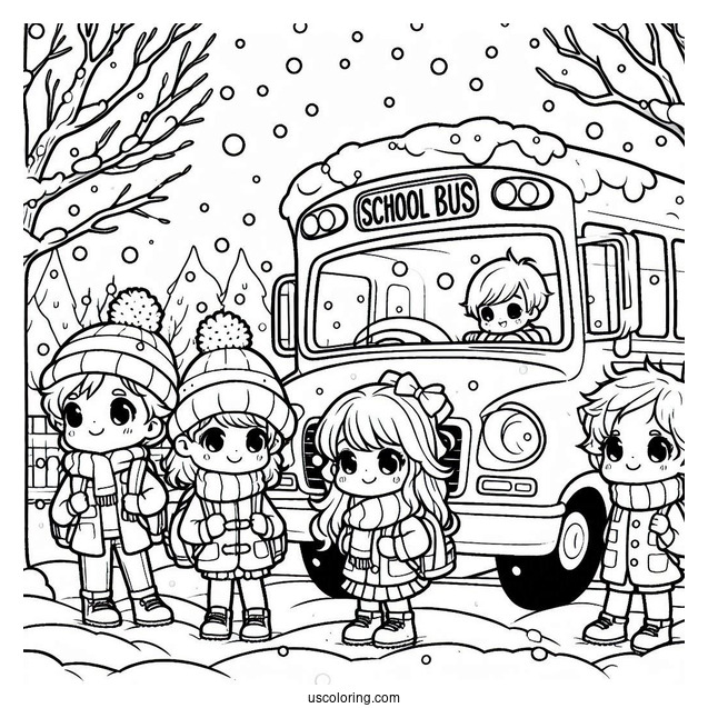 Cute Children Waiting For School Bus Coloring Page In The Snow