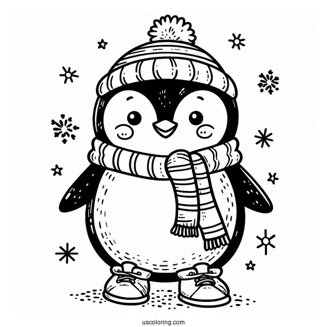 Cute Christmas Inspired Penguin To Color