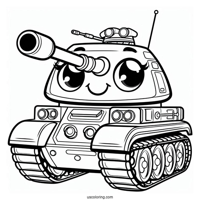 Coloring Sheet of Cartoon Military Tank With Smiling Face