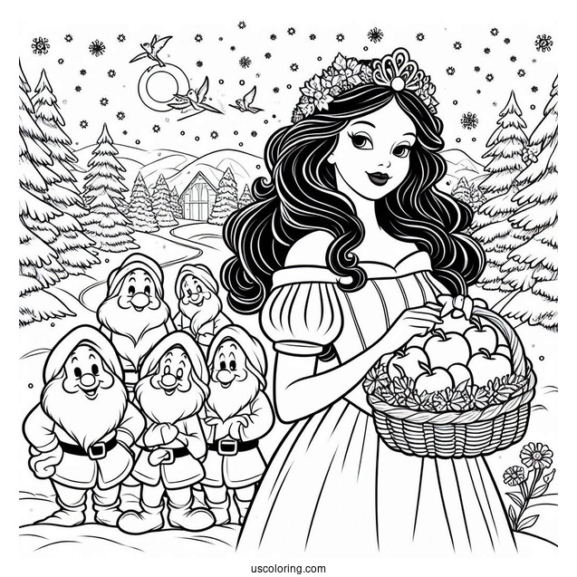 Snow With With Seven Dwarfs And Evil Queen To Color