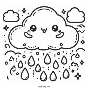 Rain Coloring Page Of Kawaii Raindrops Falling From Cloud For Preschoolers