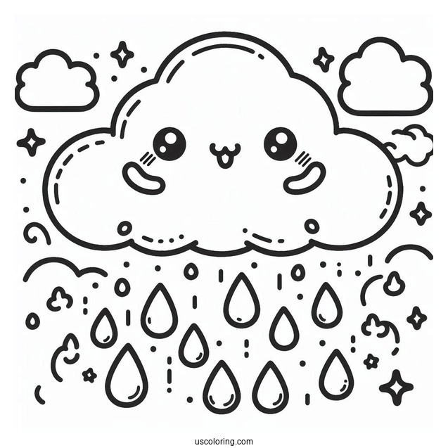 Rain Coloring Page Of Kawaii Raindrops Falling From Cloud For Preschoolers
