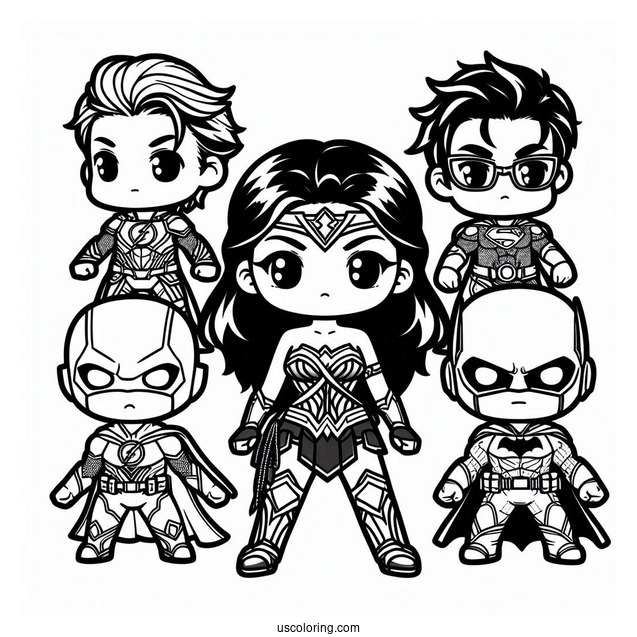 Chibi Justice League Coloring Page Of Heroes For Kids