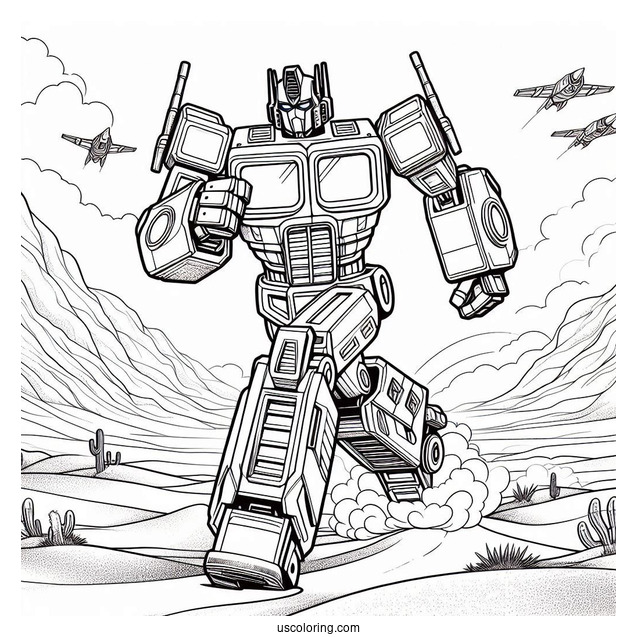 Optimus Prime Coloring Page Running In The Desert
