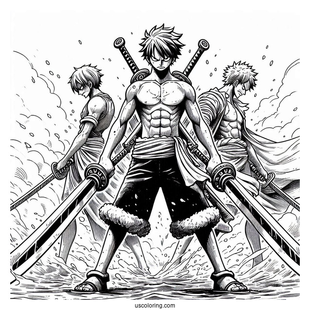 One Piece Coloring Page Of Zoro Using Three Swords In Battle