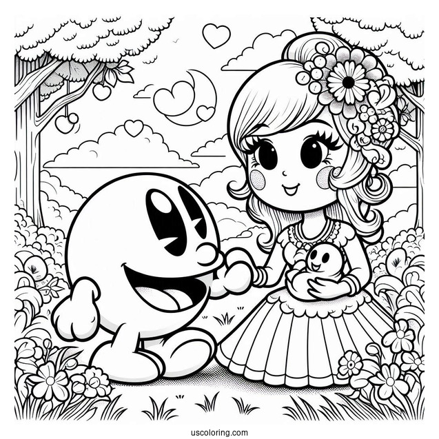 Pac Man With Mrs. Pac-Man Coloring Page And Baby In The Garden