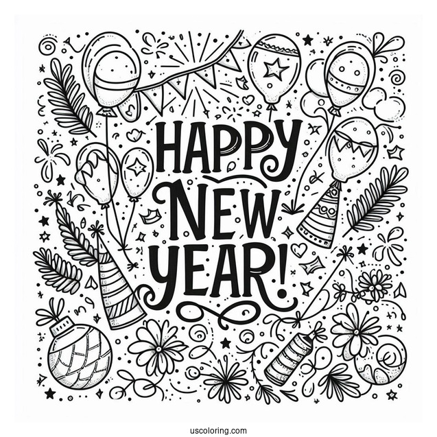 Happy New Year Coloring Page Of Words With Balloons, Party Hats, And Confetti