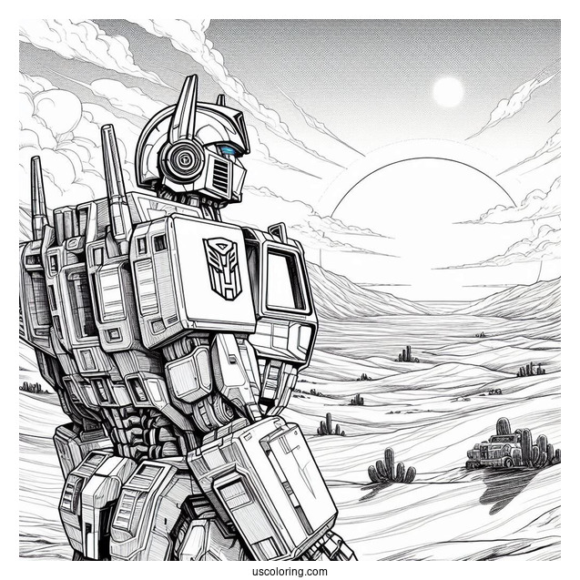 Autobot Optimus Prime Coloring Page Looking Out At Desert