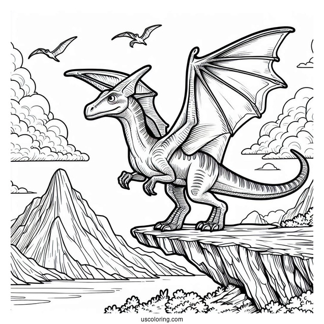 Pterodactyl Coloring Page Standing On Cliff