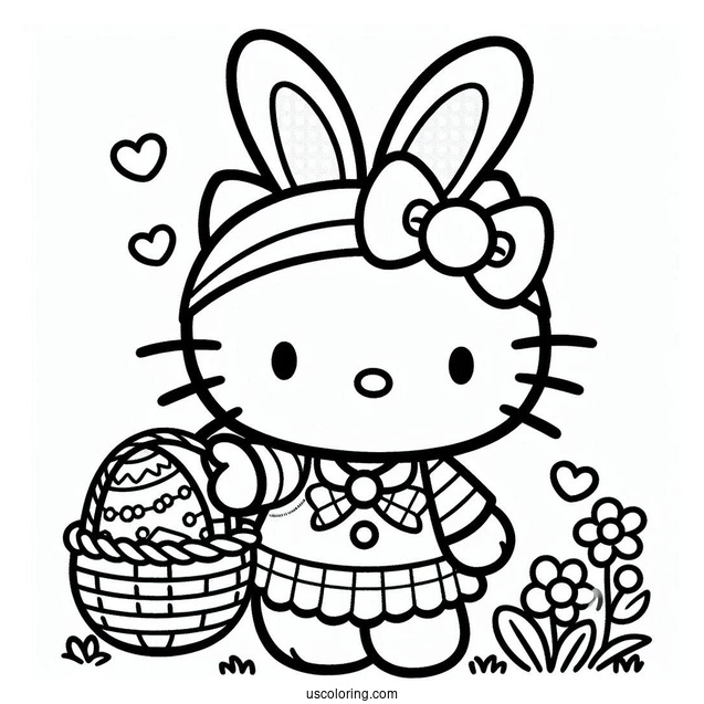 Hello Kitty In Easter Bunny Coloring Page Costume Carrying Basket Of Eggs