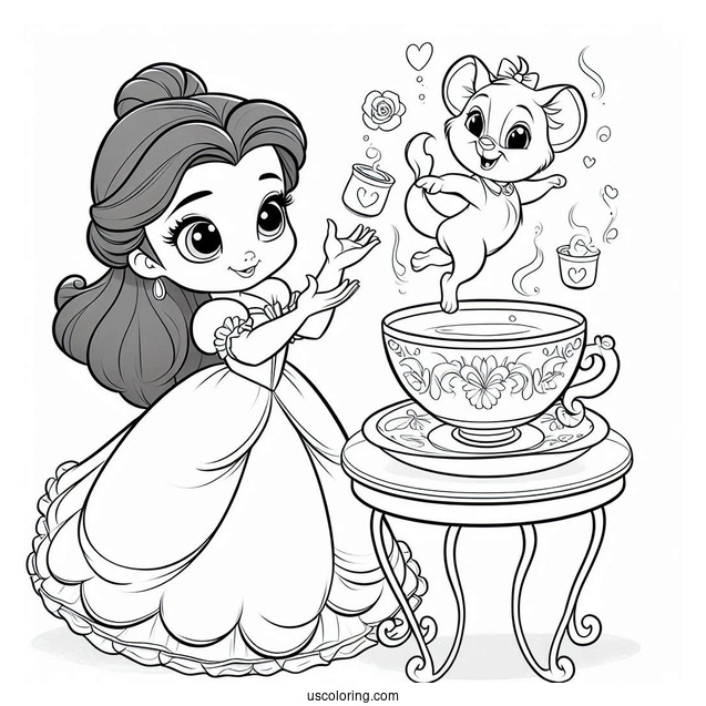 Palace Pets Coloring Page Of Teacup Performing Tricks For Belle And The Villagers