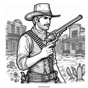 Cowboy Coloring Page Holding Gun In Old West Town