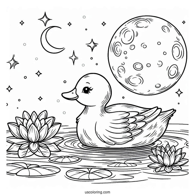 Duck Swimming Under the Moon Coloring Sheet
