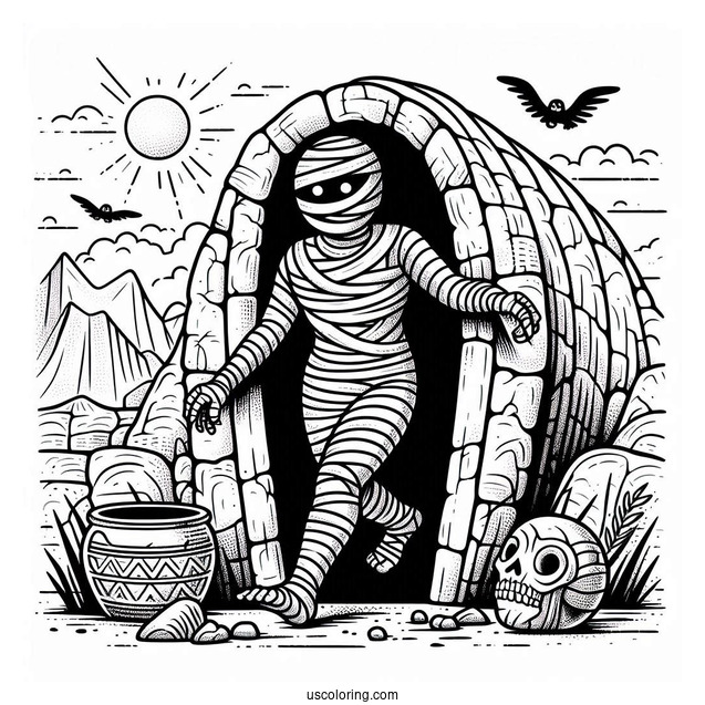 Mummy Coloring Page Stumbling Out Of A Stone Tomb