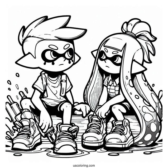 Splatoon Coloring Page Of Orange Inkling Boy Sitting Next To Blue Inkling Girl After Battle